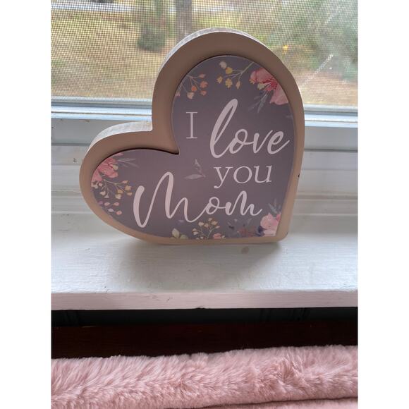 I Love You Mom Heart Shaped Wooden Standing Sign Floral Mothers Day Gift for Mom - Picture 1 of 2